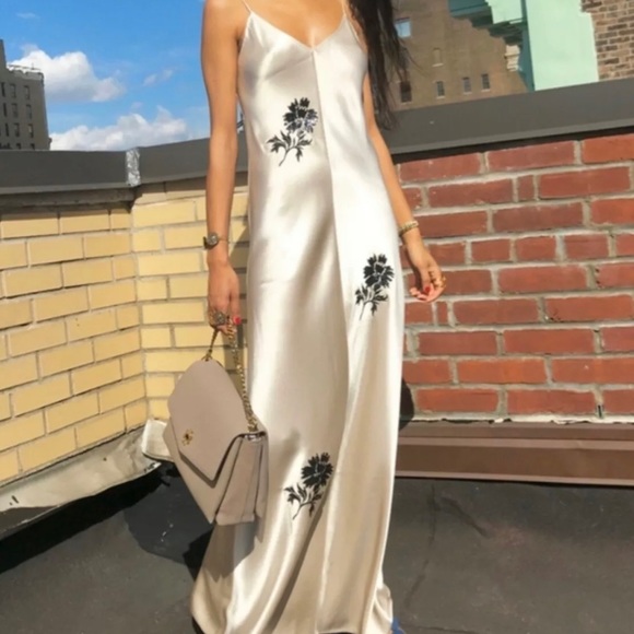 tory burch embroidered satin slip dress